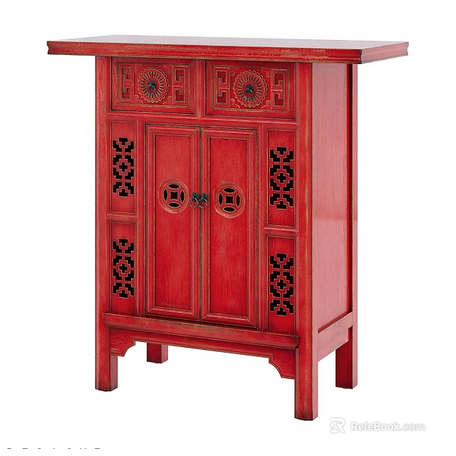 Red Traditional Chinese Style Wooden Storage Cabinet With Carved Patterns And Double Doors 3d model 