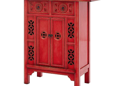 Red Traditional Chinese Style Wooden Storage Cabinet With Carved Patterns And Double Doors 3d model