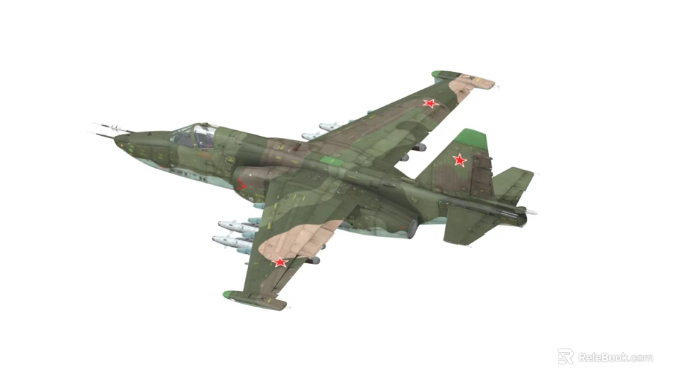 Green Camouflage Military Aircraft With Red Star Symbols And Mounted Weapons 3d model 