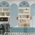 Modern Light Blue White Bookcase With Star Decorations Open Shelves Books And Plants