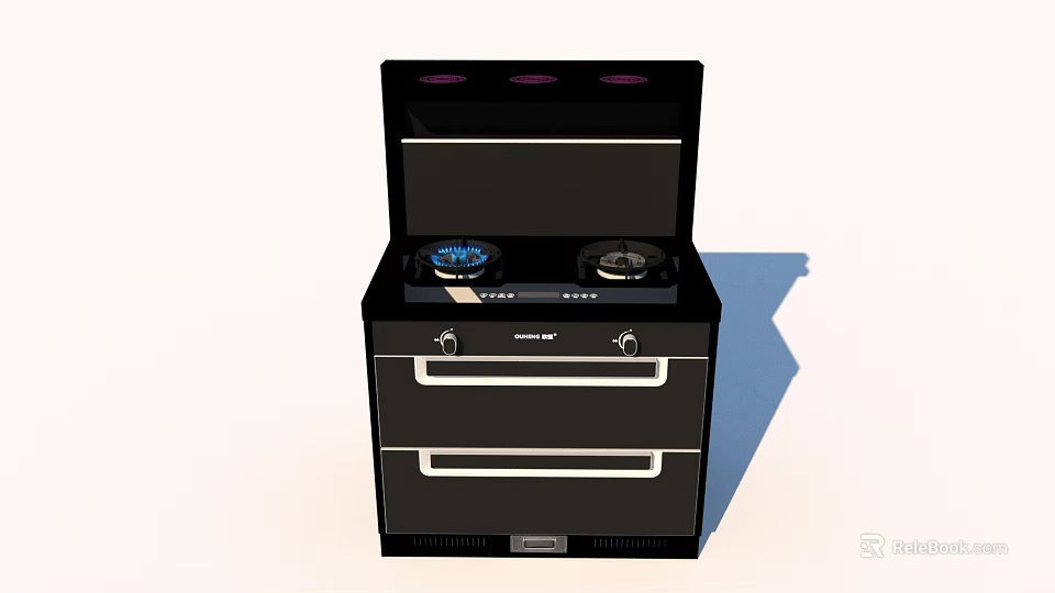 Black Gas Stove Oven Combo With Two Burners Control Knobs Kitchen Appliance 3d model