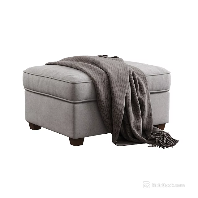 Comfortable Gray Upholstered Ottoman With Cozy Knit Blanket And Wooden Legs 3d model 