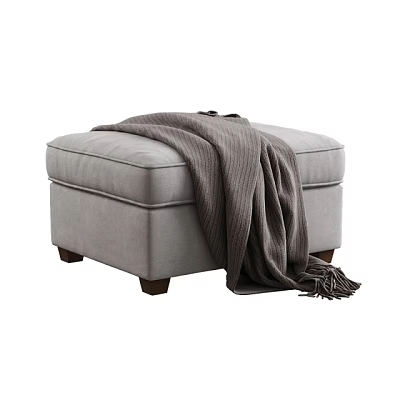 Comfortable Gray Upholstered Ottoman With Cozy Knit Blanket And Wooden Legs 3d model