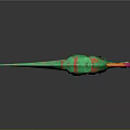 Green Dinosaur Model with Colorful Patterns and Orange Red Crest Standing on Dark Background