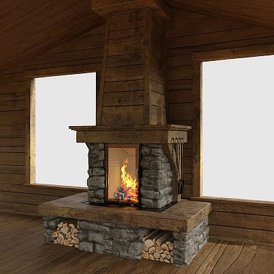 Rustic Stone Fireplace With Burning Fire In Wooden Wall Room With Windows 3d model