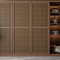 Modern Wooden Wardrobe with Rattan Doors Open Compartment Bookshelf Stuffed Toy Books and Green Plant