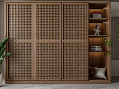 Modern Wooden Wardrobe with Rattan Doors Open Compartment Bookshelf Stuffed Toy Books and Green Plant 3d model