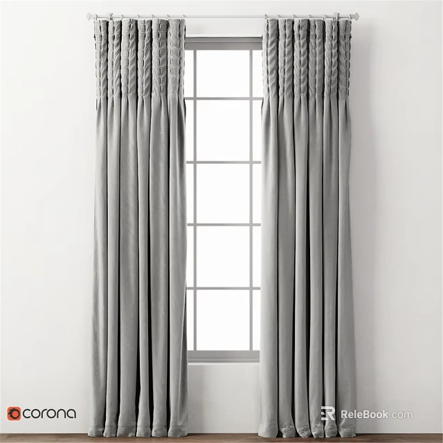 Gray Pleated Curtains With Gathered Top For Window In Modern Home 3d model 