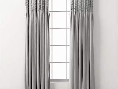 Gray Pleated Curtains With Gathered Top For Window In Modern Home 3d model