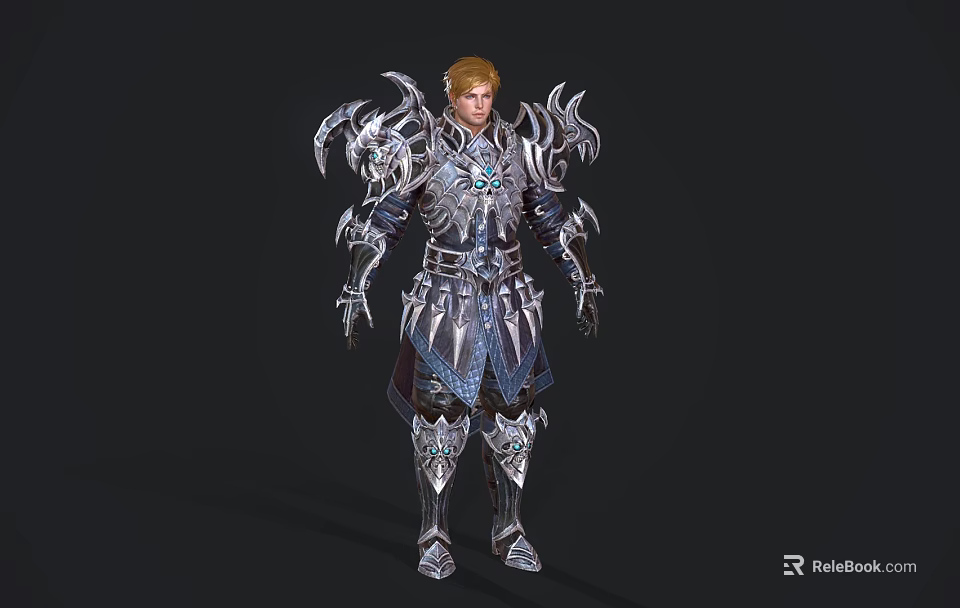 A Man In Ornate Silver Armor With Intricate Designs And Blue Accents 3d model 