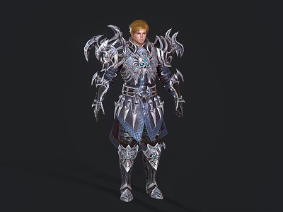 A Man In Ornate Silver Armor With Intricate Designs And Blue Accents 3d model
