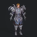 A Man In Ornate Silver Armor With Intricate Designs And Blue Accents