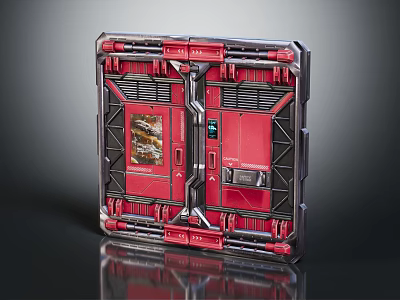 Red Scifi Mechanical Door Panel With Metal Frame And Display Screen 3d model