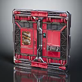 Red Scifi Mechanical Door Panel With Metal Frame And Display Screen
