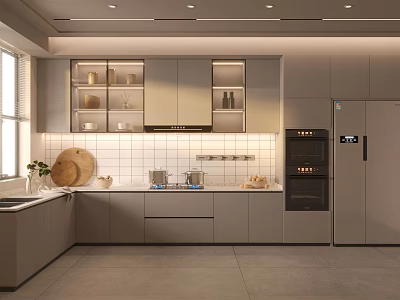 Modern Minimalist Kitchen Interior With Gray Cabinets Oven Refrigerator And Window 3d model