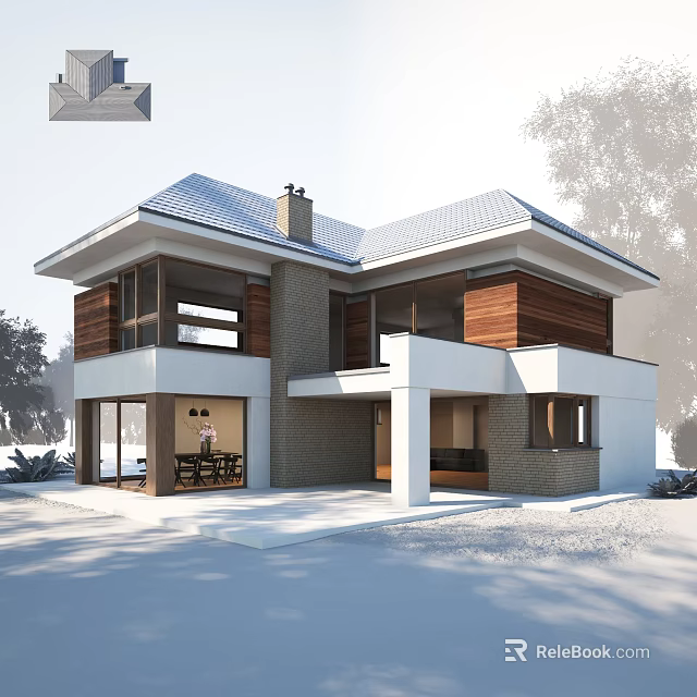Modern Villa Balcony With Gray Roof Brick Wooden Exterior And Large Windows 3d model 