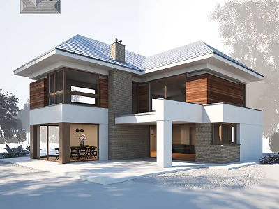 Modern Villa Balcony With Gray Roof Brick Wooden Exterior And Large Windows 3d model
