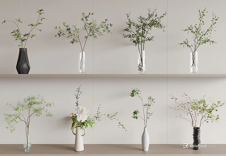 Decorative Vases With Fresh Flowers Arranged On Wooden Shelves For Home Interior Decor 3d model 