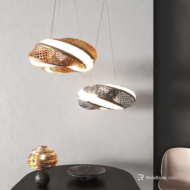 Modern Gold Silver Hollow Geometric Pendant Lights Hanging In Interior Space 3d model 