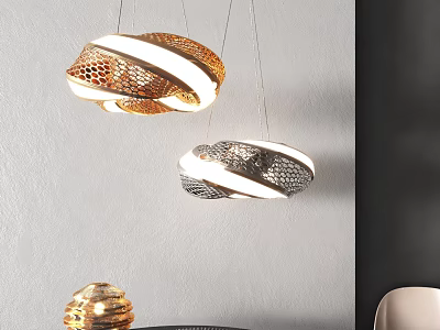 Modern Gold Silver Hollow Geometric Pendant Lights Hanging In Interior Space 3d model