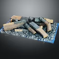 Natural Wood Logs And Gray Stone Chips Arranged On Blue Mat For Decorative