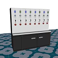 Commercial Equipment with Multiple Colored Bottles Control Panels and Storage Cabinets on Blue Patterned Floor