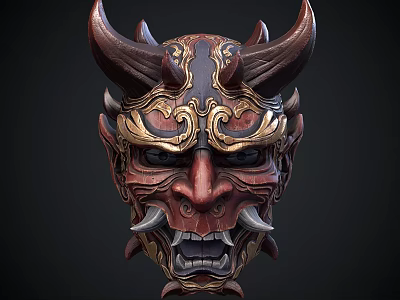 Horned Mythical Demon Mask Featuring Intricate Gold Red Patterns And Fierce Tusked Expression 3d model