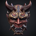 Horned Mythical Demon Mask Featuring Intricate Gold Red Patterns And Fierce Tusked Expression