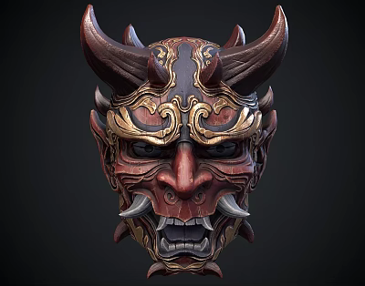 Horned Mythical Demon Mask Featuring Intricate Gold Red Patterns And Fierce Tusked Expression 3d model