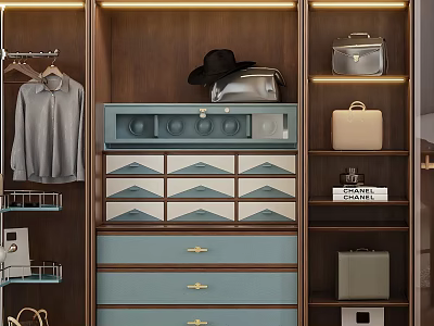 Modern Wooden Wardrobe With Blue Drawers Hanging Section And Accessories 3d model