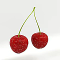 Two Fresh Red Cherries With Green Stems Ripe Juicy And Sweet