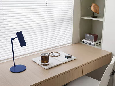 Modern Wooden Desk With Blue Lamp Tray Coffee Cup Notebook And White Blinds 3d model