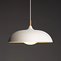 Modern Pendant Light With White Dome Shade And Wooden Rod Glowing In Dark Background