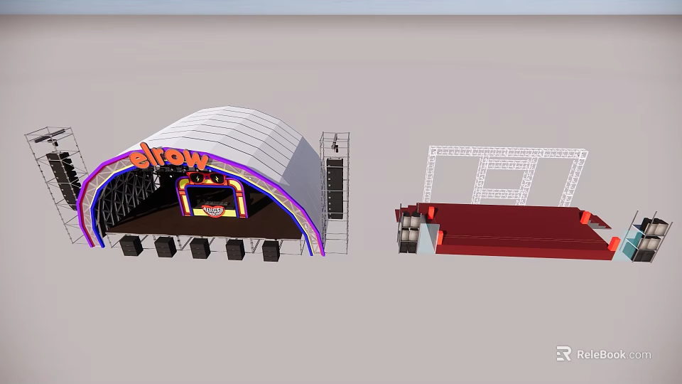 Event Stage With Curved White Canopy Elbow Branding Orange Purple Decor Metal Frame Red Components 3d model 