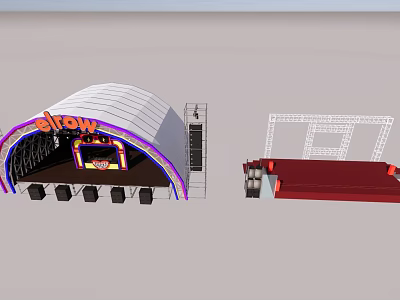 Event Stage With Curved White Canopy Elbow Branding Orange Purple Decor Metal Frame Red Components 3d model