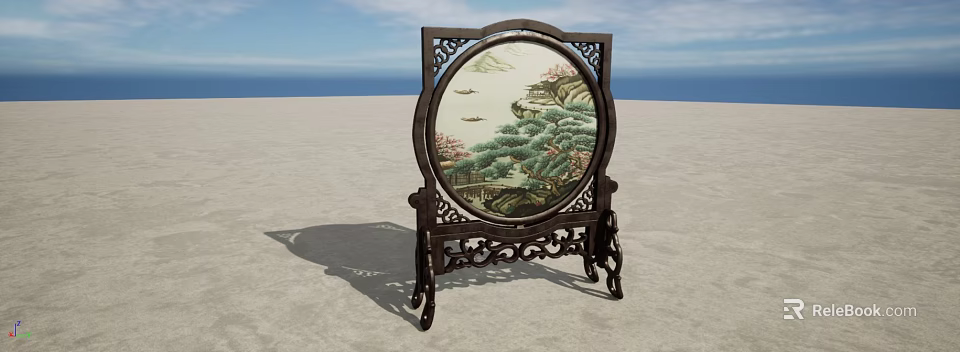 Elegant Traditional Carved Wooden Screen Decorative Ornament Set With Landscape Painting 3d model 