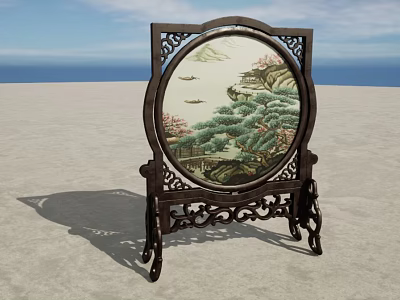 Elegant Traditional Carved Wooden Screen Decorative Ornament Set With Landscape Painting 3d model