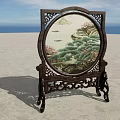 Elegant Traditional Carved Wooden Screen Decorative Ornament Set With Landscape Painting