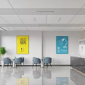 Modern Hotel Lobby With Marble Reception Desk Blue Chairs Round Tables Green Plant And Large Windows