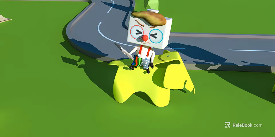 Block Shaped Game Character with Green Hat Red Eyes Holding Colorful Sword on Yellow Star 3d model 
