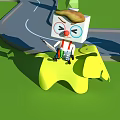 Block Shaped Game Character with Green Hat Red Eyes Holding Colorful Sword on Yellow Star
