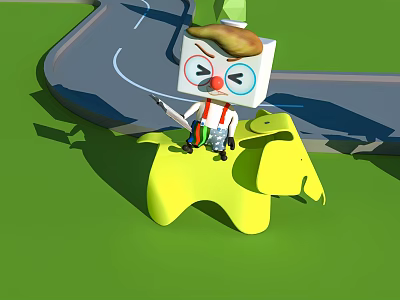 Block Shaped Game Character with Green Hat Red Eyes Holding Colorful Sword on Yellow Star 3d model