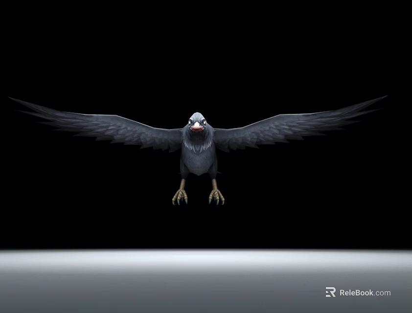 Black Crow With Spread Wings Flying Against Black Background And Gray Line Below 3d model 