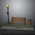 Urban Street Scene With Decorative Street Lamp Wooden Bench Trash Can And Grass