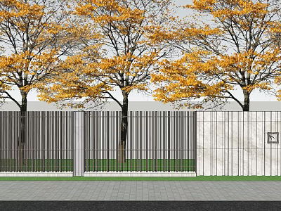 Modern Building Exterior Wall Design With Autumn Yellow Leaf Trees And Vertical Slats 3d model