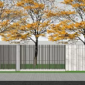 Modern Building Exterior Wall Design With Autumn Yellow Leaf Trees And Vertical Slats