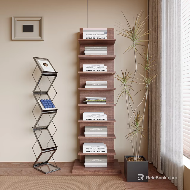 Modern Wooden Bookshelf Design With Stacked Books Decorative Plant And Photo Frame 3d model 
