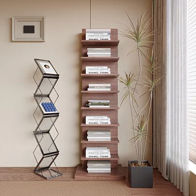 Modern Wooden Bookshelf Design With Stacked Books Decorative Plant And Photo Frame 3d model