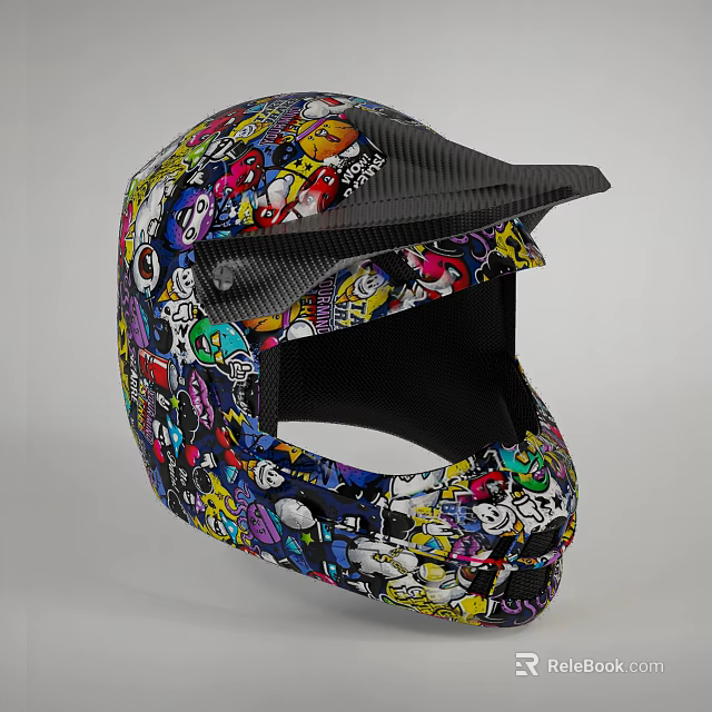 Colorful Helmet Adorned With Various Cartoon Character Patterns And Carbon Fiber Visor 3d model 