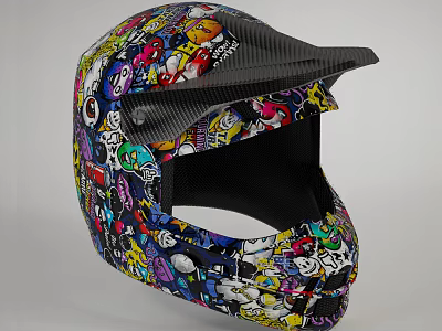 Colorful Helmet Adorned With Various Cartoon Character Patterns And Carbon Fiber Visor 3d model
